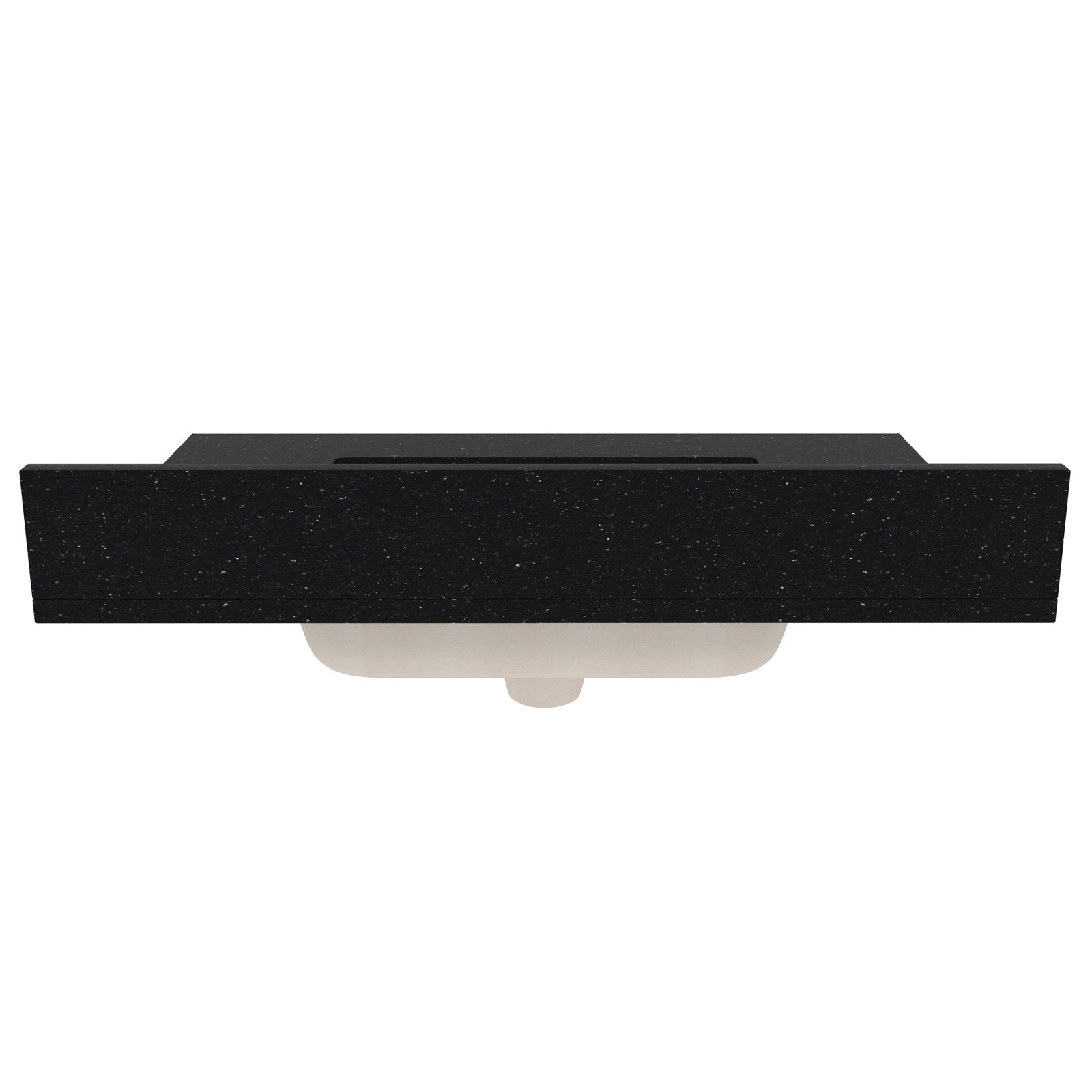 Overhead view of a black speckled quartz vanity top with an integrated rectangular basin and the white ceramic undermount sink visible beneath for a modern single-sink bathroom vanity.
