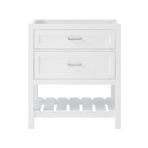 Freestanding white solid wood 31-inch bathroom vanity base with two recessed-panel drawers, rectangular chrome pulls and an open slatted bottom shelf in a modern contemporary style.