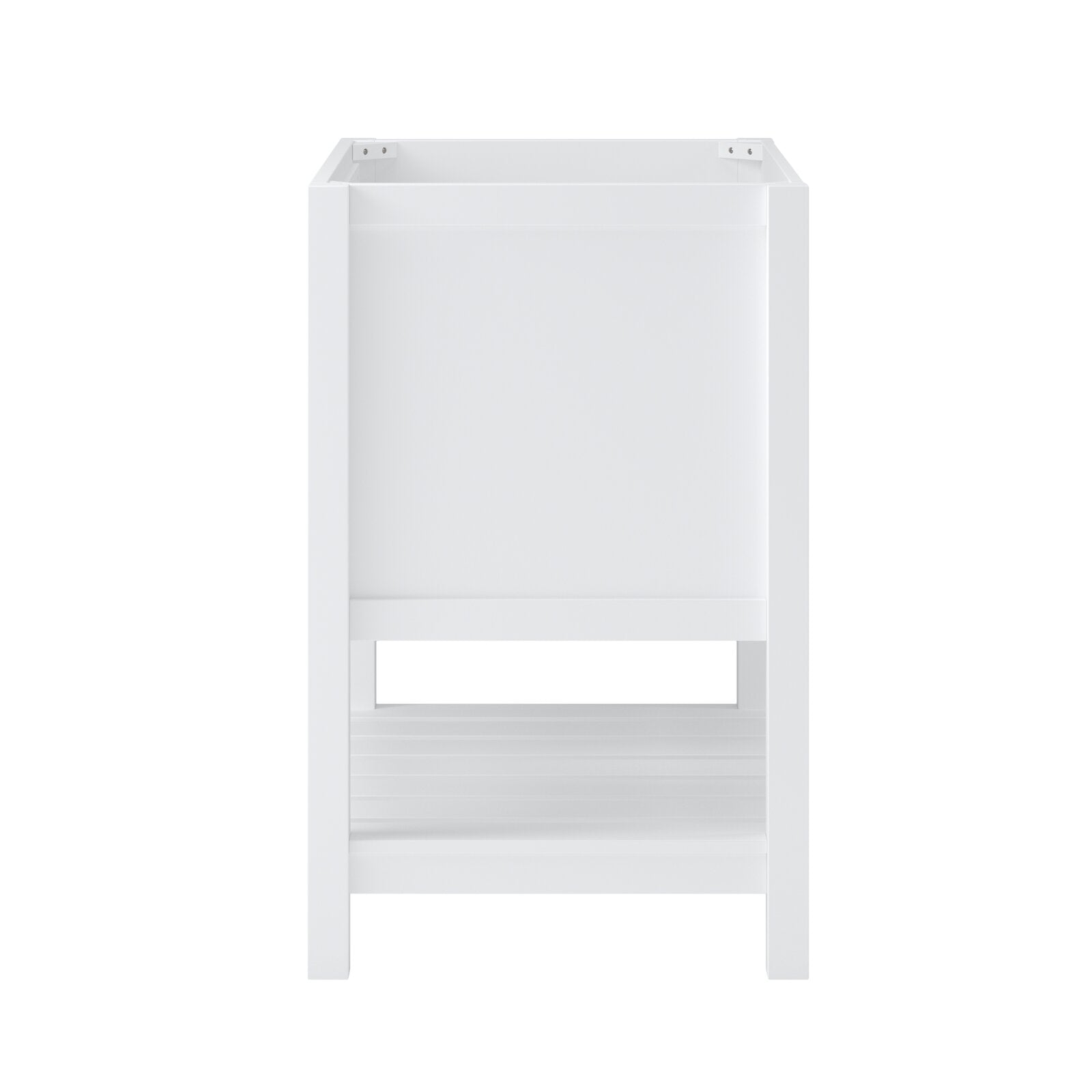 Rear view of a modern white solid wood bathroom vanity base, 31 in. wide, showing a plain back panel, slatted lower shelf and open top cavity without the quartz countertop or sink.