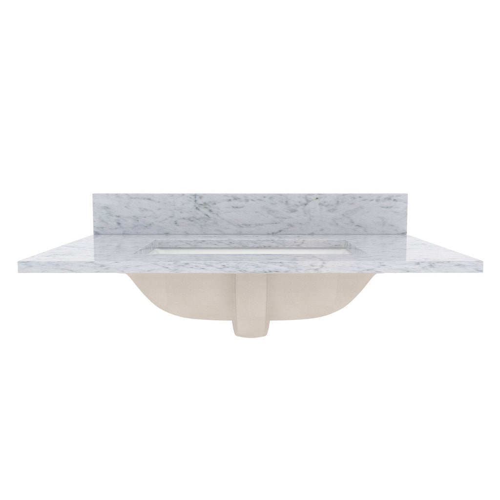 Front view of a white veined quartz vanity top with an integrated rectangular sink and short backsplash, showing the light beige undermount basin beneath.