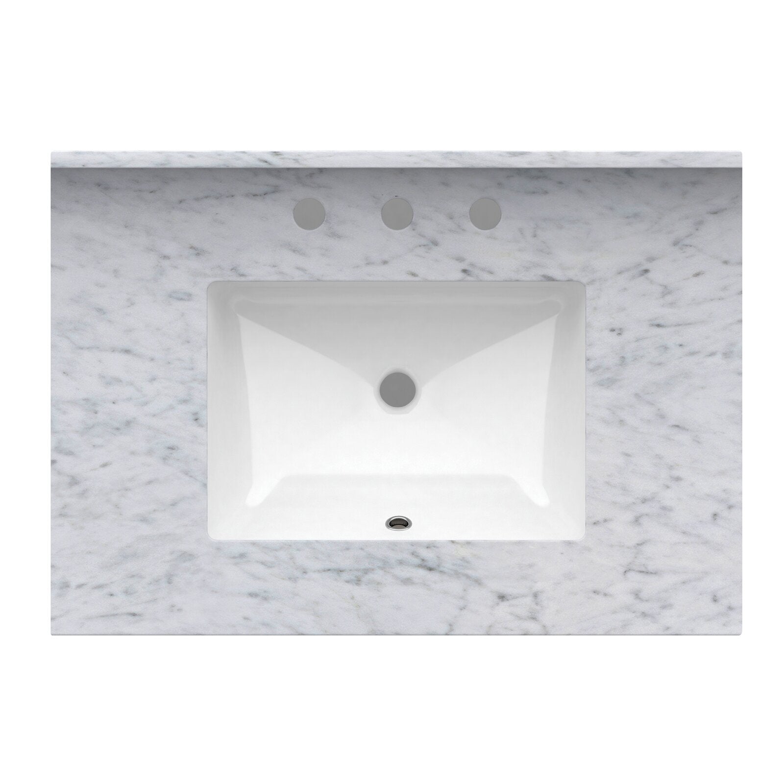 Top-down view of a white rectangular ceramic sink recessed in a Giotto-style white quartz countertop with subtle gray veining, showing three pre-drilled faucet holes, central drain and overflow.