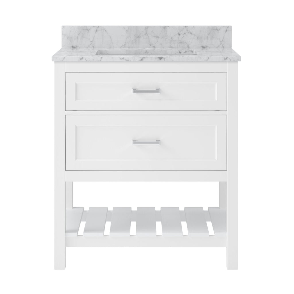 Front view of a white 31-inch freestanding solid wood bathroom vanity with a marble-look quartz top and integrated rectangular sink, two paneled drawers with chrome bar pulls, and an open slatted lower shelf.