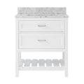 Front view of a white 31-inch freestanding solid wood bathroom vanity with a marble-look quartz top and integrated rectangular sink, two paneled drawers with chrome bar pulls, and an open slatted lower shelf.