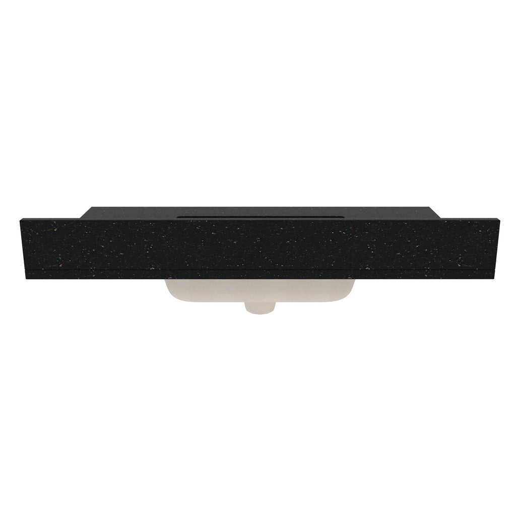 Black speckled marble bathroom vanity top with a central rectangular basin cutout and white ceramic undermount sink visible from below.