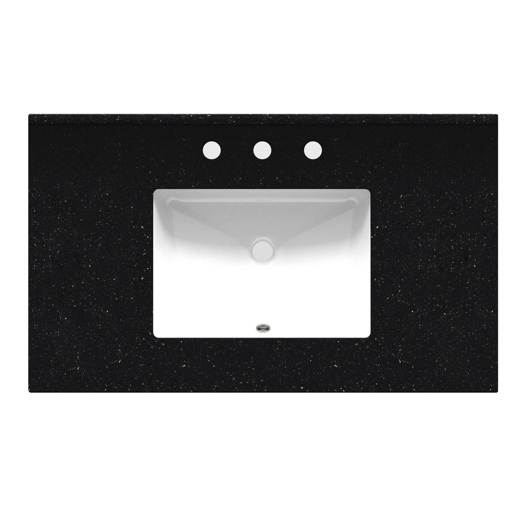 Top-down view of a black marble vanity top with subtle gold flecks and a centered white rectangular ceramic sink, showing three pre-drilled faucet holes above the basin and a round drain at the bottom.