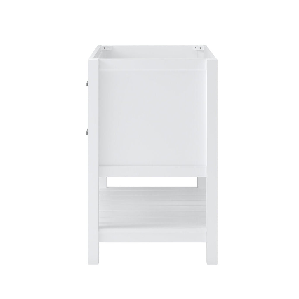 Front view of a freestanding white solid-wood single-sink vanity base with an open slatted bottom shelf and recessed sink cavity, shown without top and designed to pair with a black marble countertop in a contemporary glam style.