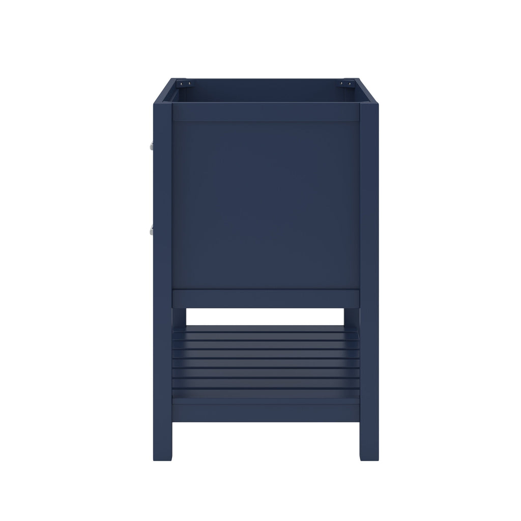 Front view of a contemporary navy solid wood freestanding single-sink bathroom vanity base with a recessed upper cabinet, slatted lower shelf and open toe-kick.