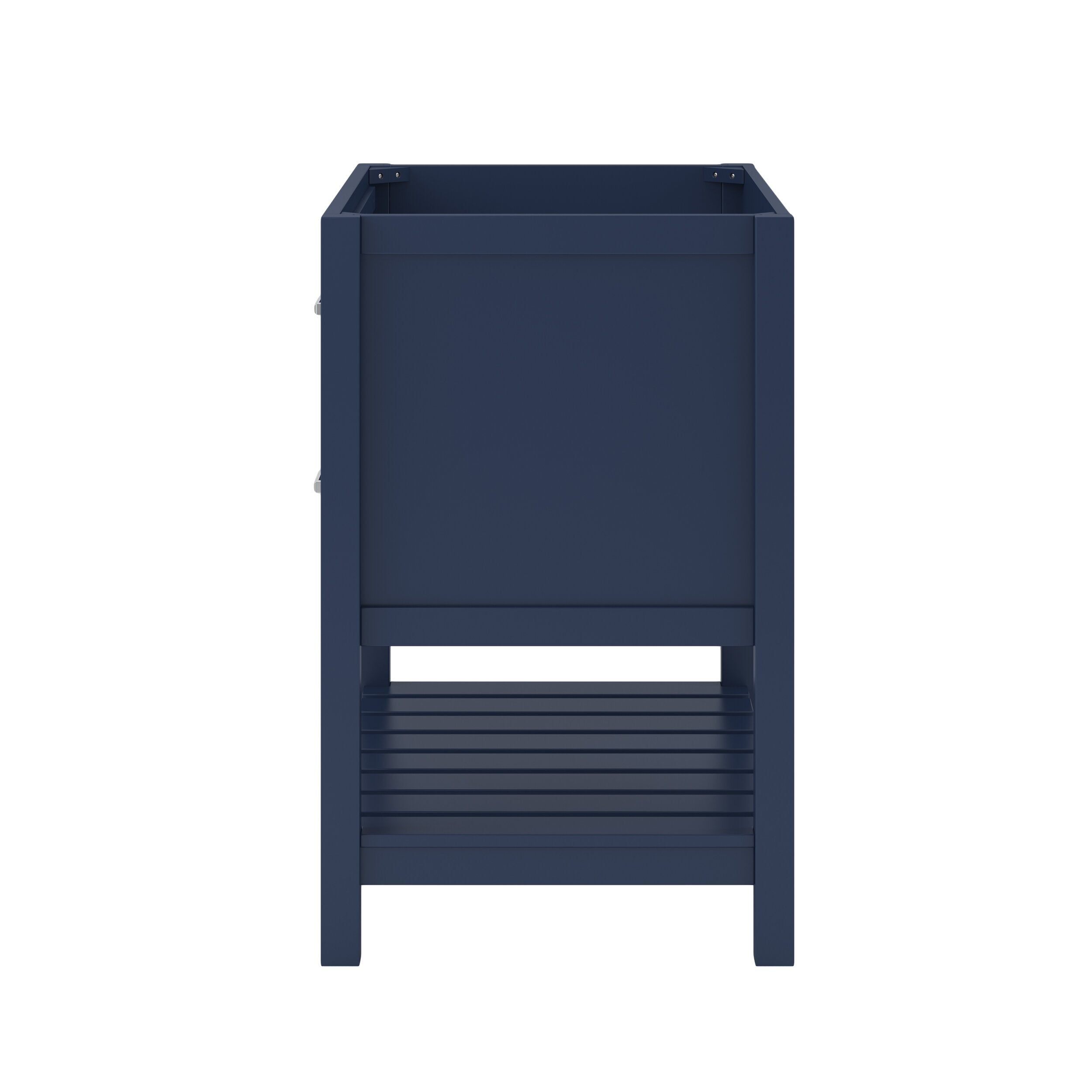 Front view of a contemporary navy solid wood freestanding single-sink bathroom vanity base with a recessed upper cabinet, slatted lower shelf and open toe-kick.