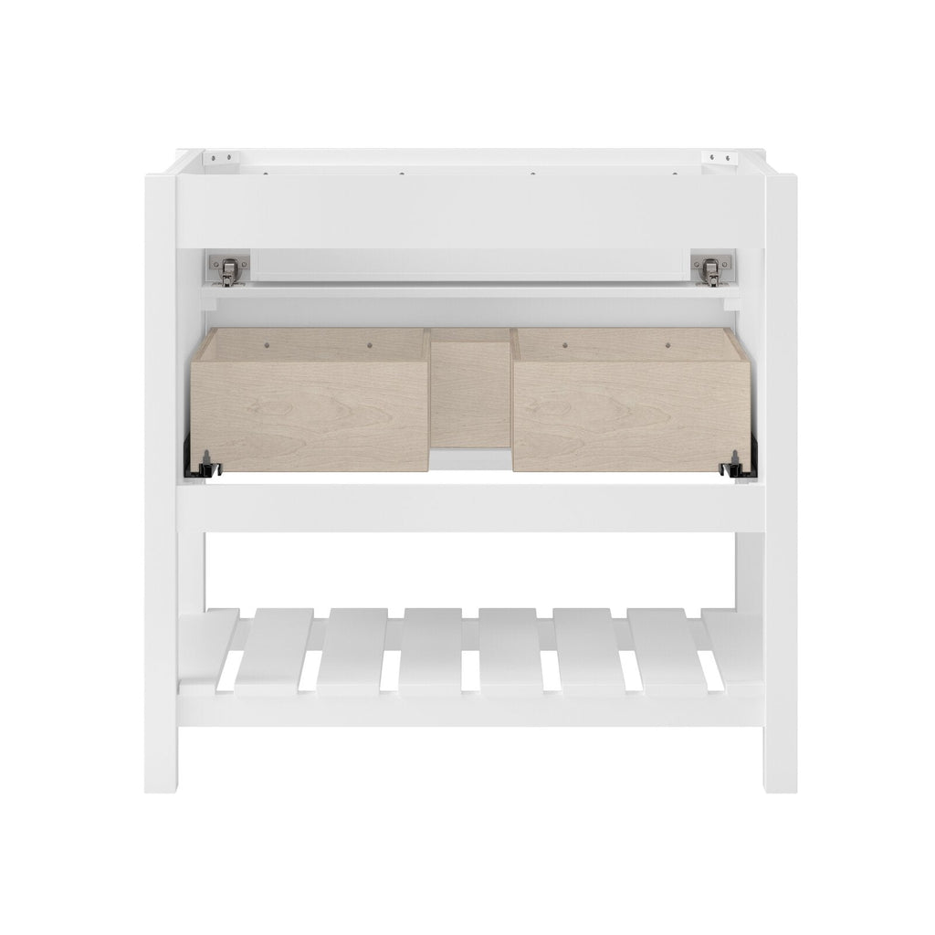 White solid-wood freestanding bathroom vanity base with a slatted lower shelf and two light natural wood drawer boxes on metal soft-close slides, shown without countertop or sink.
