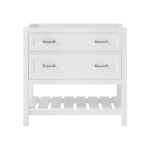 Front view of a white solid-wood freestanding bathroom vanity base with two drawers, chrome bar pulls and a slatted lower shelf, shown without the marble top and with soft-close storage.
