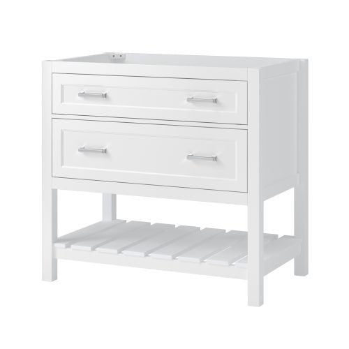 Contemporary freestanding white solid wood bathroom vanity with two inset-panel drawers, chrome bar handles and a slatted open lower shelf, shown without sink or countertop accessories.