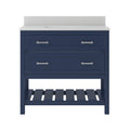 Freestanding glam bathroom vanity with a white marble countertop and backsplash, navy blue solid wood base, integrated single sink, two drawers with brushed-metal handles and a slatted lower storage shelf.