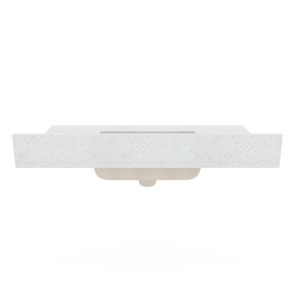 Front-facing view of a 37-inch glam white marble vanity top with a recessed rectangular ceramic sink and visible beige under-mount basin, shown freestanding on a white background.
