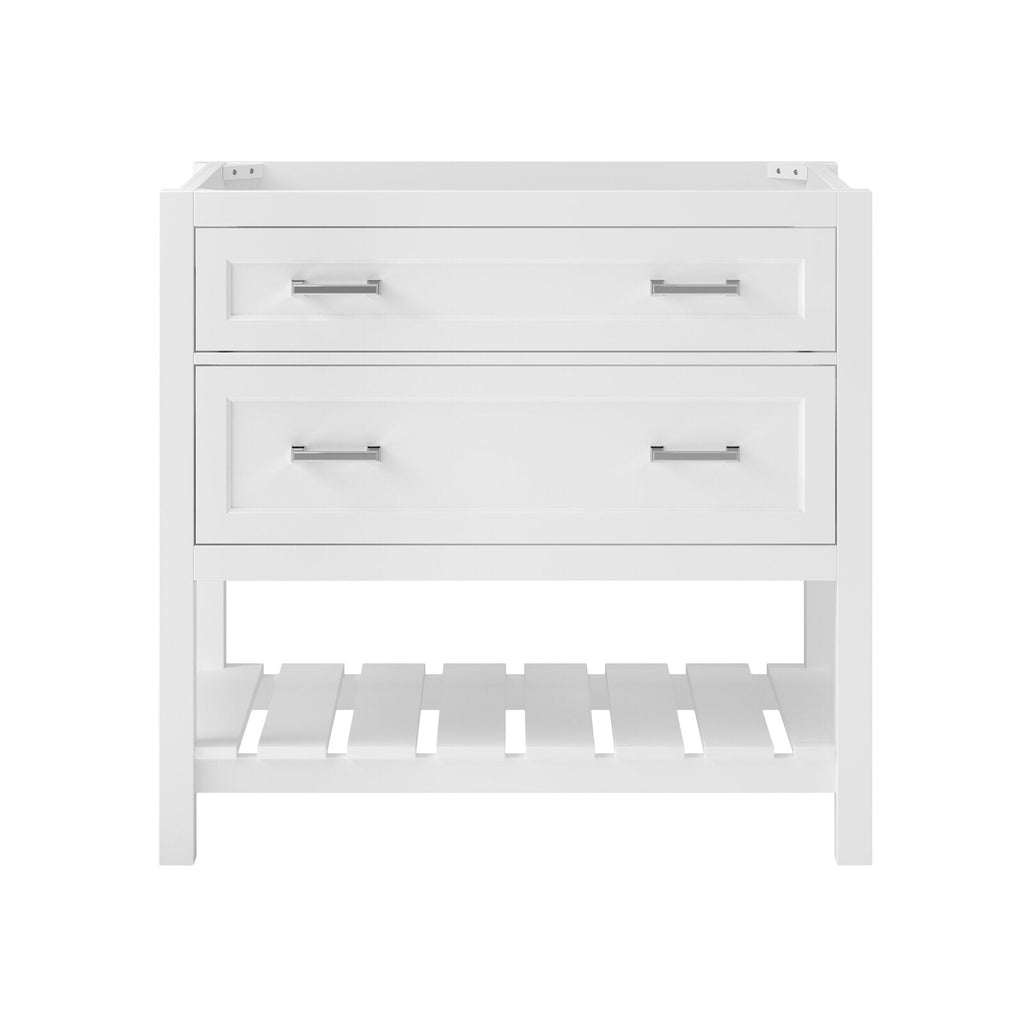 Front view of a 37-inch white solid wood freestanding bathroom vanity base in glam style with two framed drawers, chrome bar handles, and an open slatted bottom shelf.