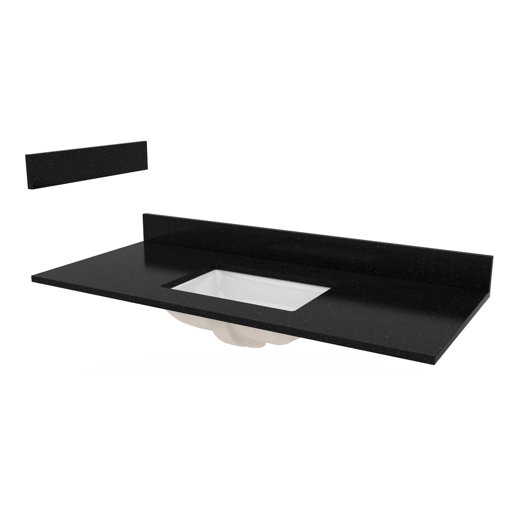 49-inch black quartz vanity top with low backsplash and rectangular white undermount ceramic sink, subtle speckled stone pattern and a separate matching backsplash piece shown.