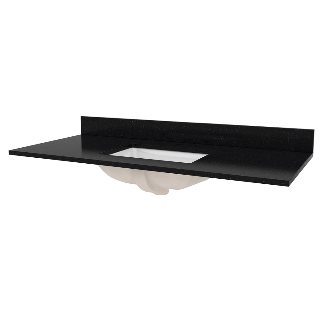 Black speckled quartz vanity top with matching low backsplash and a white rectangular undermount ceramic sink visible from below.