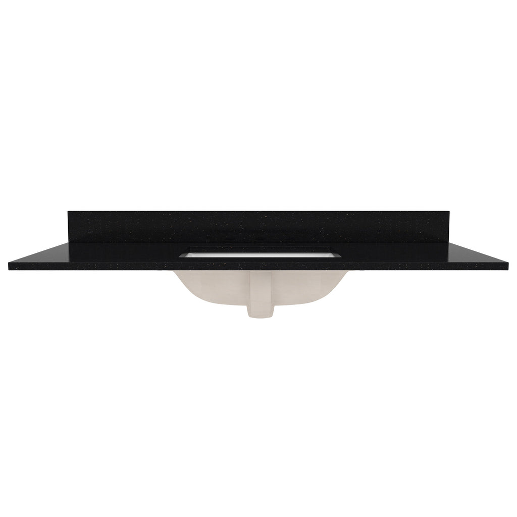 Black quartz vanity top with a matching backsplash and center rectangular cutout revealing an underslung white ceramic sink, shown as a modern single-sink bathroom vanity countertop.
