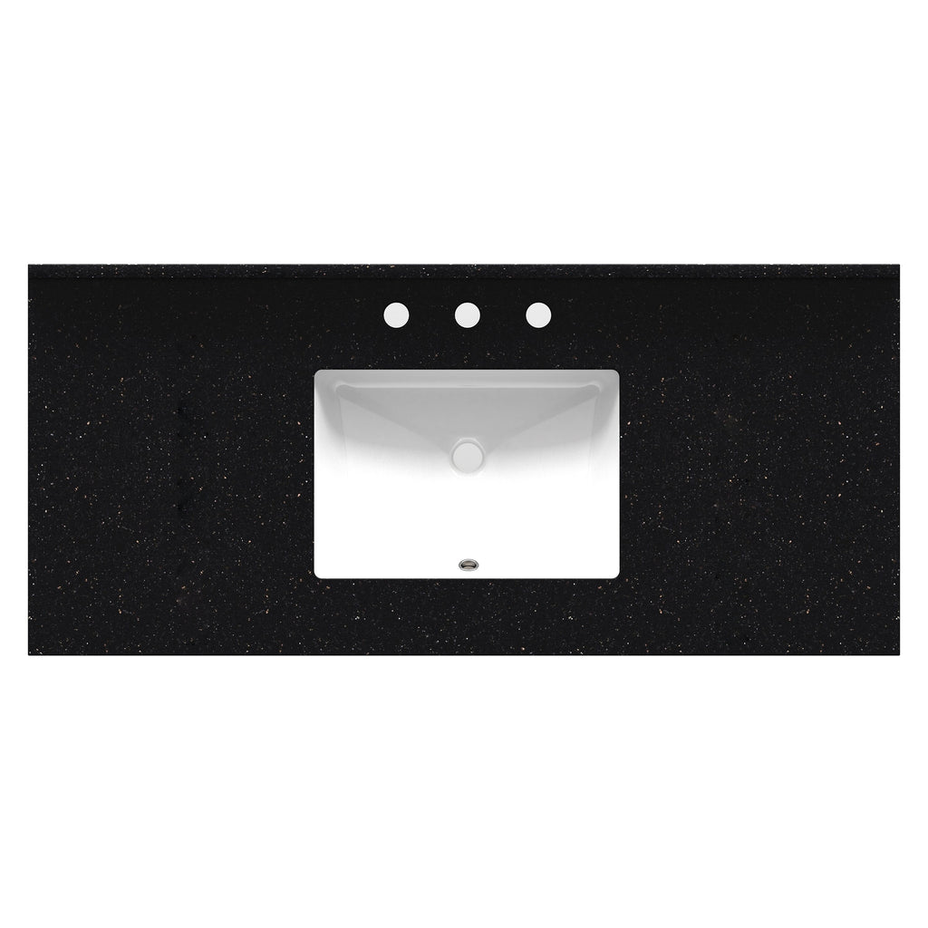 Top-down view of a 49-inch black quartz vanity top featuring a white rectangular undermount ceramic sink, three predrilled faucet holes and subtle metallic flecks in the stone.