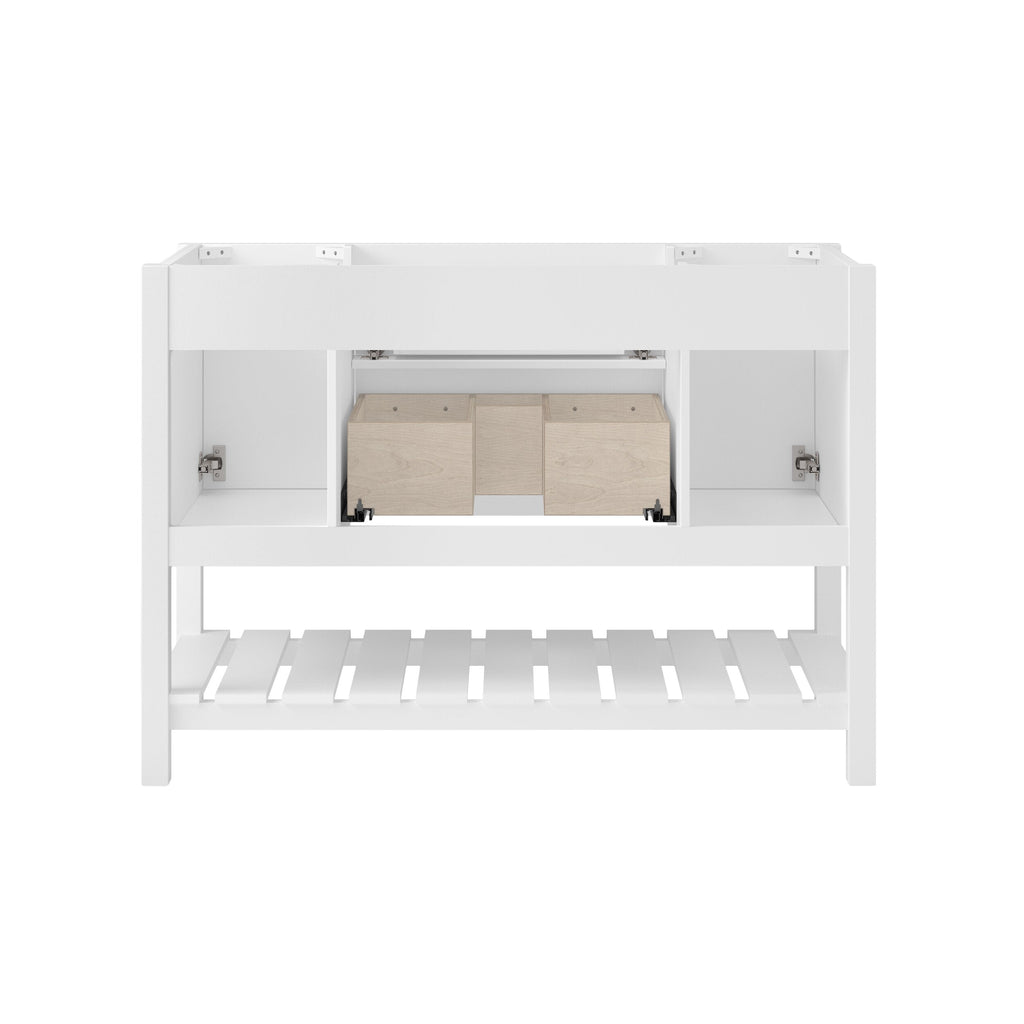 Front view of a modern solid wood bathroom vanity in a white finish showing open side cabinets, a central natural wood drawer unit on metal slides, and a lower slatted shelf for storage.