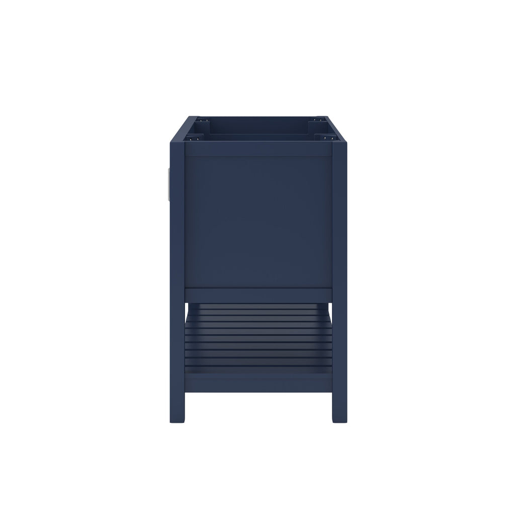 Side view of a 49-inch modern solid wood single-sink bathroom vanity in black with an open top for a quartz countertop, straight legs and a slatted lower shelf for storage.