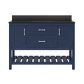 49-inch solid wood freestanding single-sink bathroom vanity with black quartz countertop and backsplash, two center drawers, flanking cabinet doors with chrome handles, and an open slatted lower storage shelf.