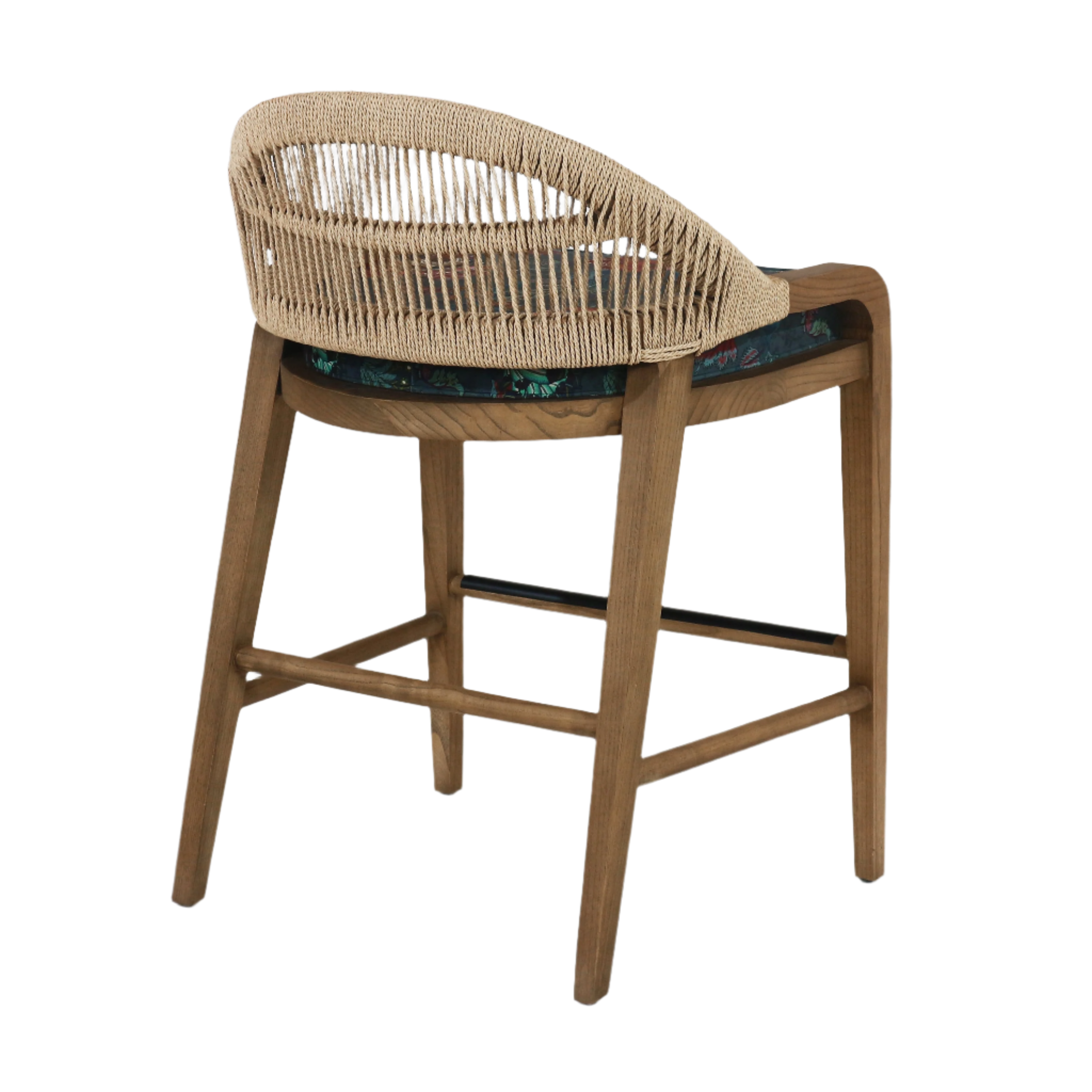 Custom Fara Teak Rope-Backed & Upholstered FA04 Bar Stool