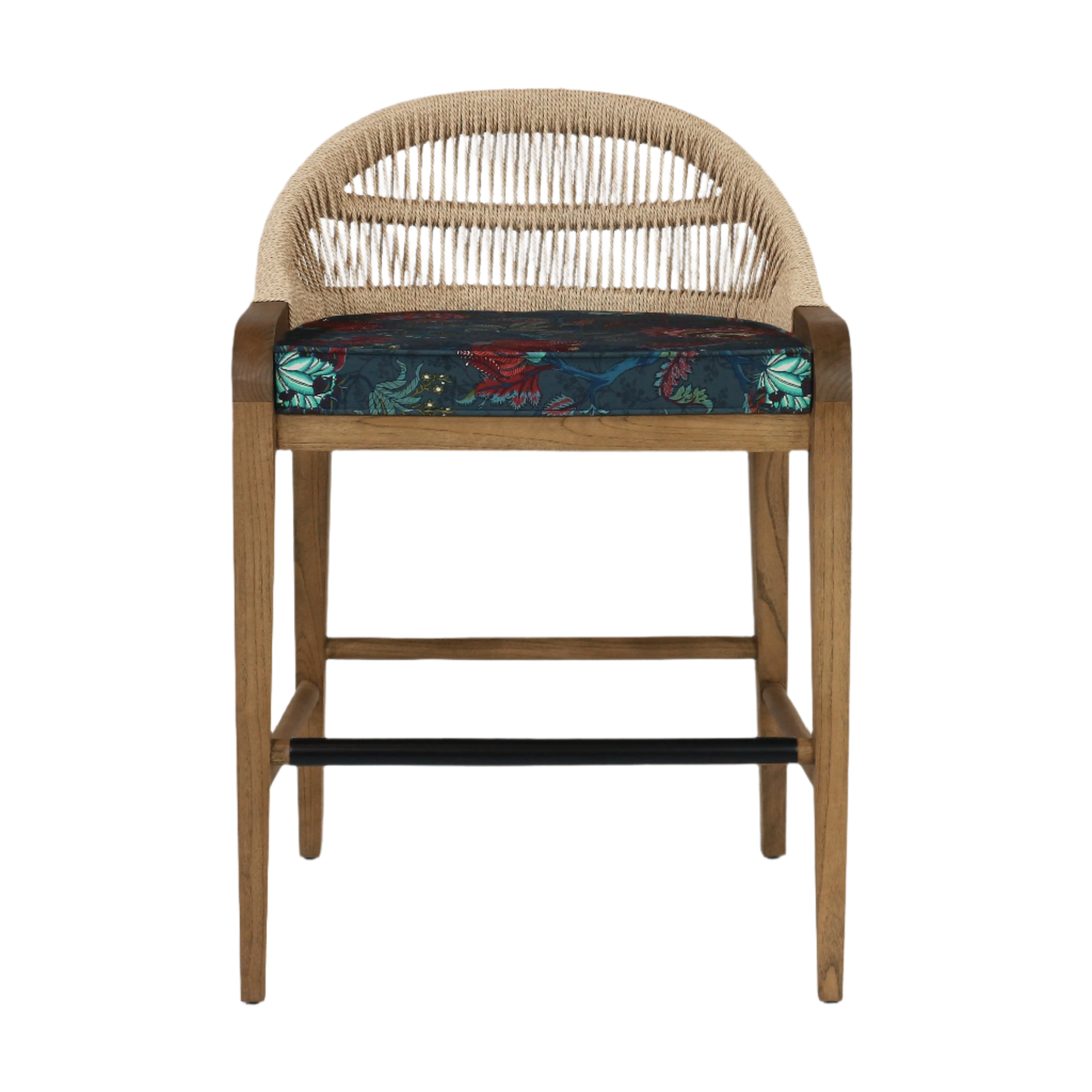 Custom Fara Teak Rope-Backed & Upholstered FA04 Bar Stool