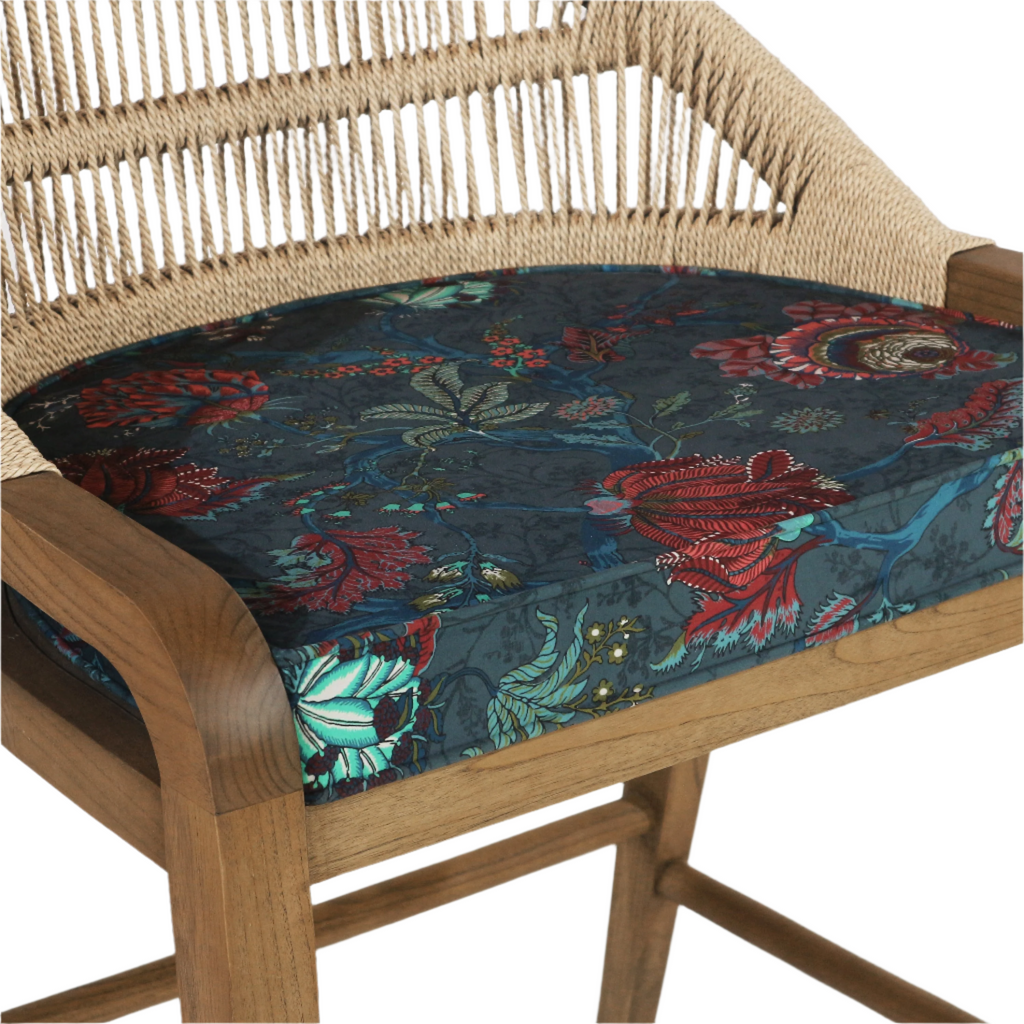 Custom Fara Teak Rope-Backed & Upholstered FA04 Bar Stool