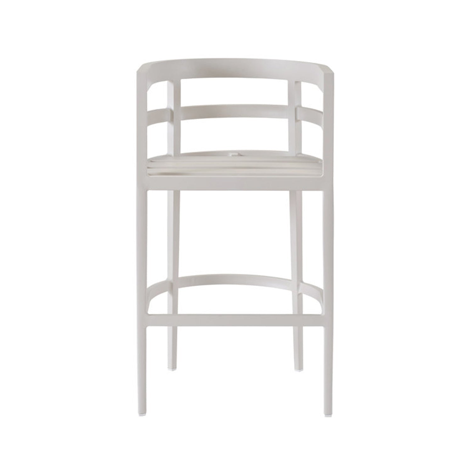 Front view of a coastal-style teak outdoor bar stool in a pale natural finish, with a slatted seat and thin upholstered cushion, curved slatted back with integrated armrests, slim tapered legs and a curved footrest.