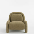 Front view of a modern olive-green accent chair upholstered in chevron-pattern wool, with a curved full back, rounded arms and short padded legs.