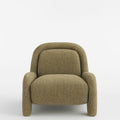 Front view of a modern olive-green accent chair upholstered in chevron-pattern wool, with a curved full back, rounded arms and short padded legs.