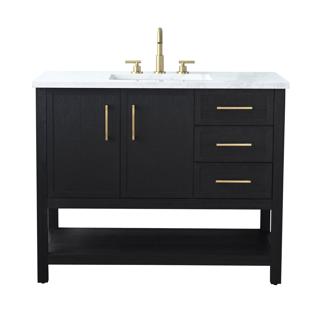 42-inch modern single-sink bathroom vanity in black solid wood with a white marble stone top, undermount ceramic sink, brass faucet and hardware, two cabinet doors, three right-side drawers and an open bottom shelf.