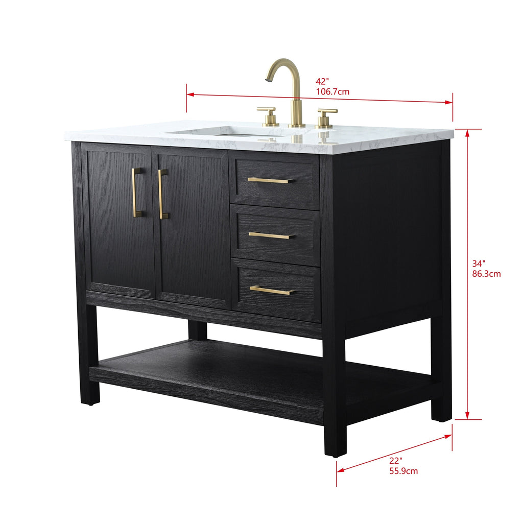 42-inch black solid wood bathroom vanity with white stone marble top, undermount ceramic sink, three drawers and double-door cabinet, open lower shelf and satin brass handles and faucet in a modern contemporary style.