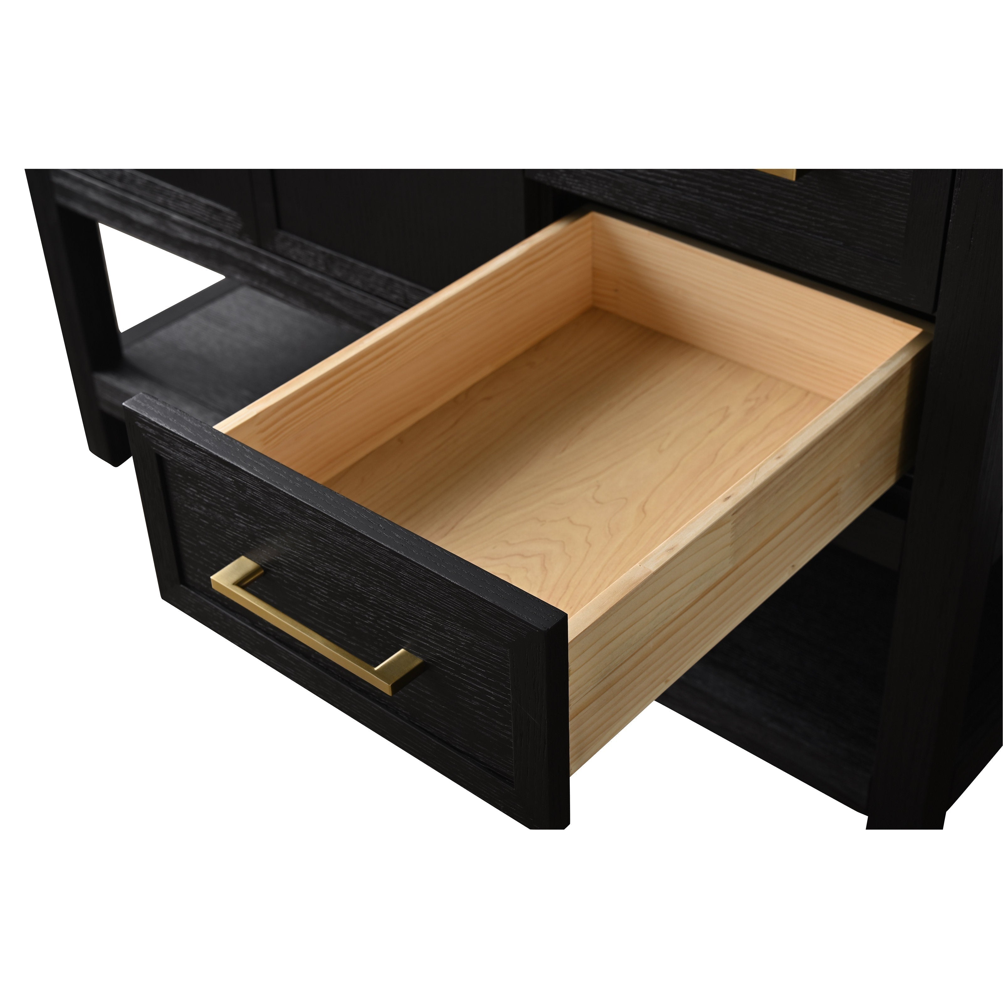 Open light-wood drawer in a black solid wood bathroom vanity, showing natural wood grain interior and a modern brushed brass pull on the framed drawer front.