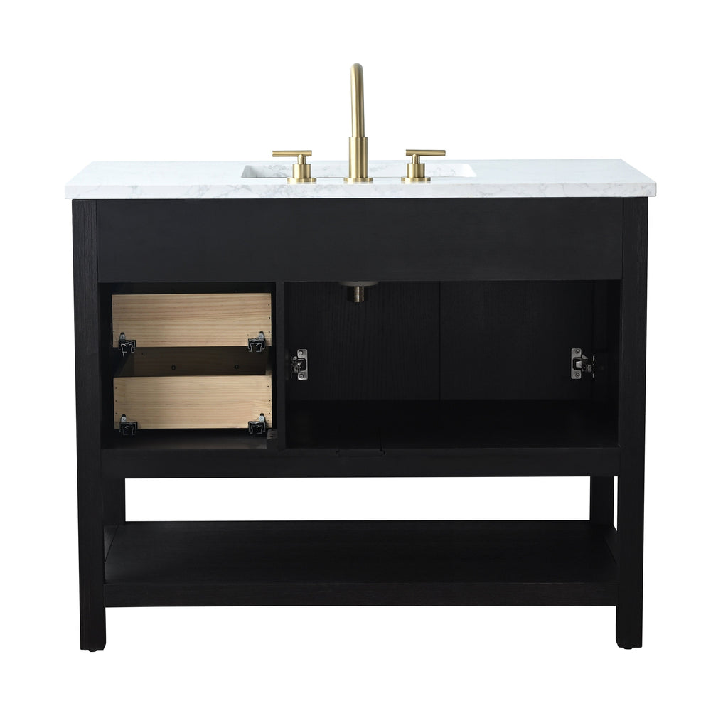 Front view of a 42-inch modern black solid-wood single-sink bathroom vanity with a white marble stone top, brass faucet and integrated rectangular sink, exposed natural-wood drawer boxes at left and open lower shelf.