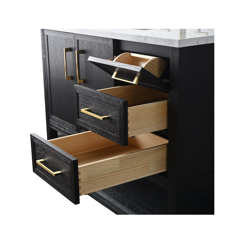 Black solid wood bathroom vanity with a white stone top and three open drawers showing natural wood interiors and brass rectangular handles, modern contemporary styling.