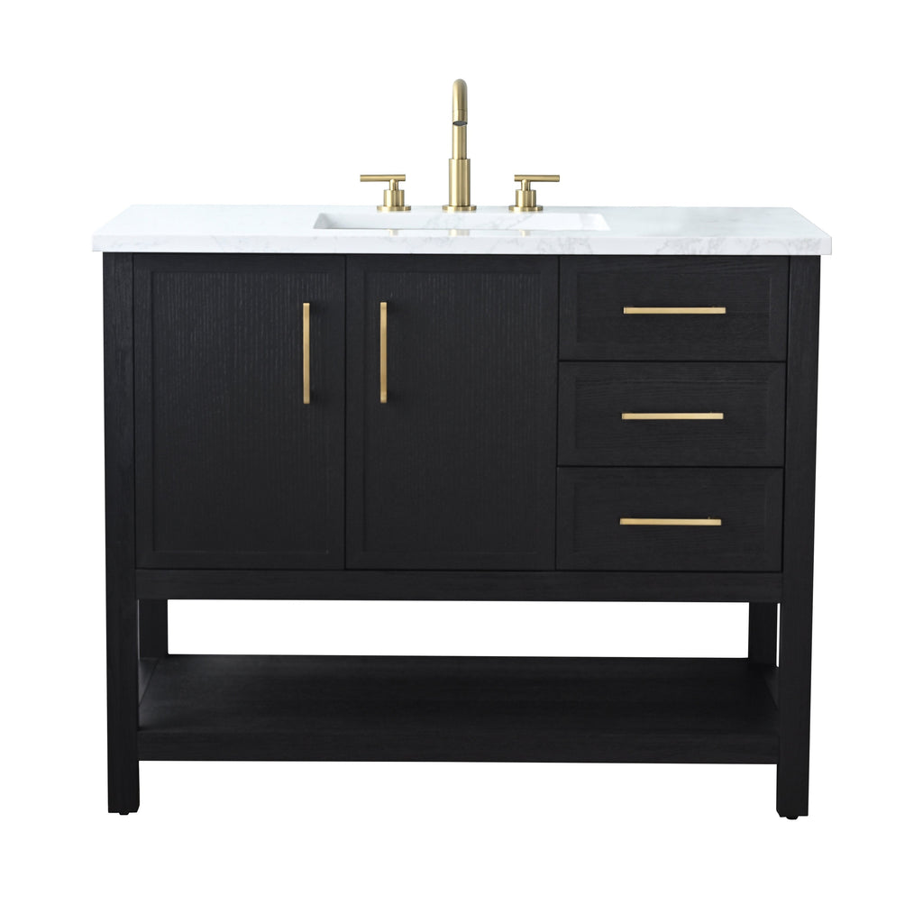 42-inch modern single-sink bathroom vanity in black solid wood with a white marble stone top, undermount ceramic sink, brass faucet and hardware, two cabinet doors, three right-side drawers and an open bottom shelf.