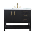 42-inch modern single-sink bathroom vanity in black solid wood with a white marble stone top, undermount ceramic sink, brass faucet and hardware, two cabinet doors, three right-side drawers and an open bottom shelf.