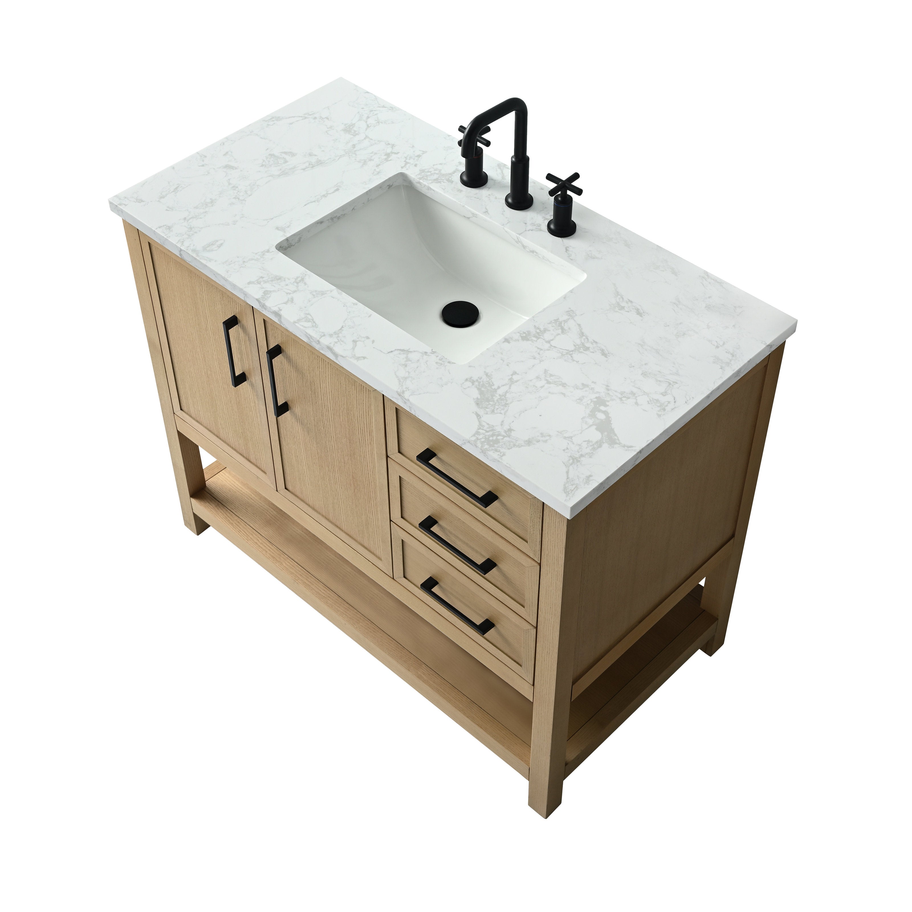 Modern 42-inch single-sink vanity in light solid wood with a white stone top and gray veining, rectangular undermount ceramic sink, matte black faucet and hardware, three drawers and an open lower shelf.