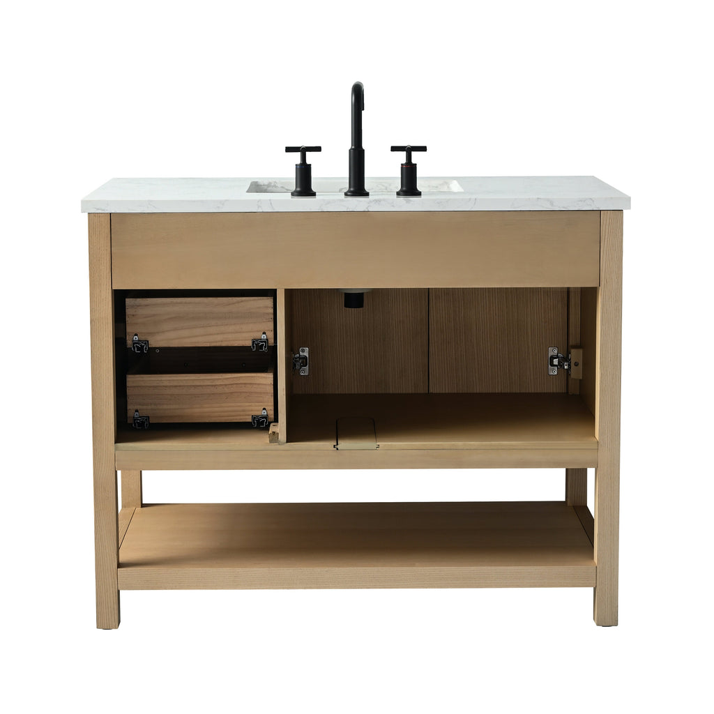Freestanding 42-inch modern solid wood single-sink bathroom vanity with white stone marble top, integrated rectangular sink, matte black faucet, open lower shelf and exposed drawers with cabinet interior.