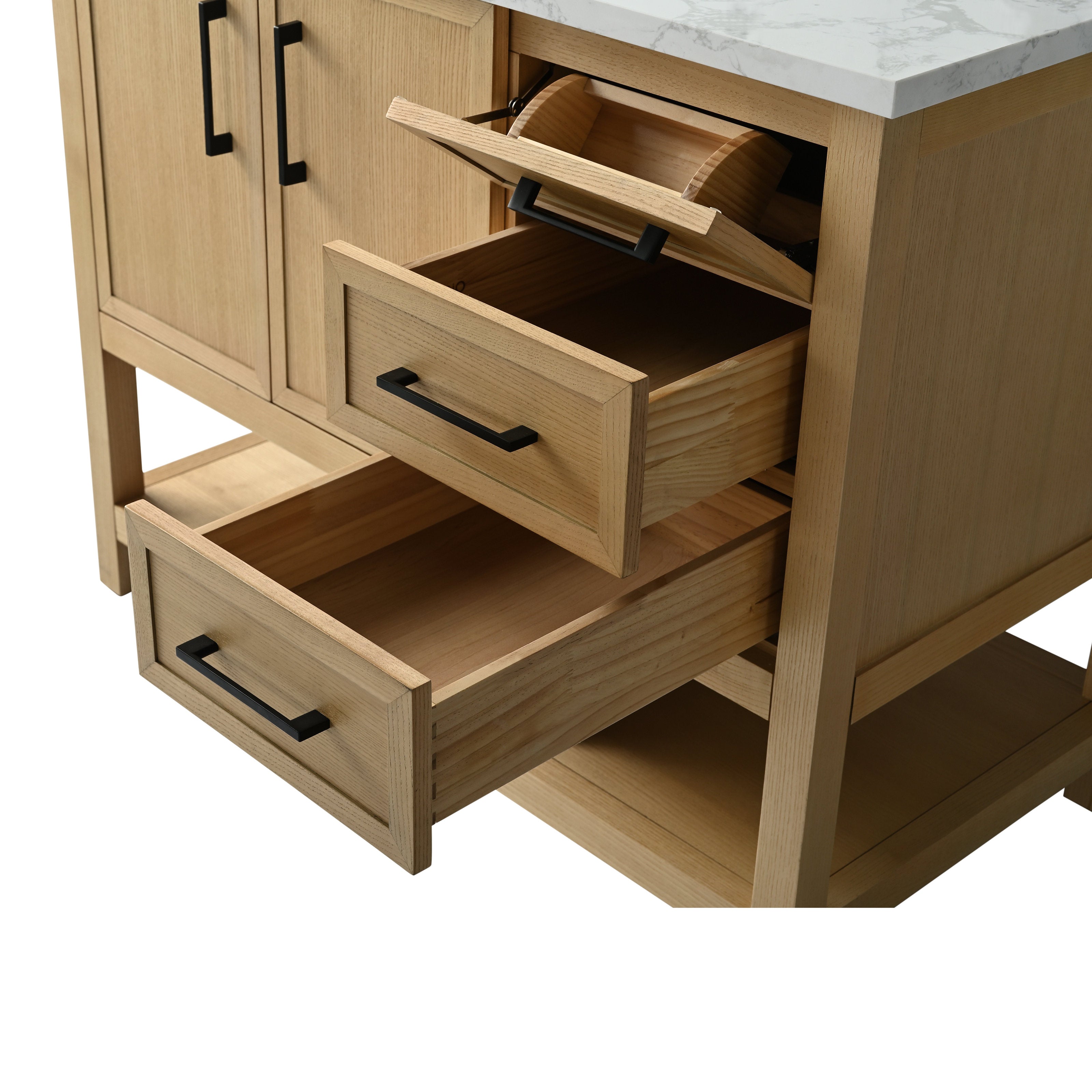 Close-up of a solid wood bathroom vanity with a stone marble top, two open drawers and black metal handles, showing natural wood grain, dovetail joinery and a lower shelf in a modern contemporary style.