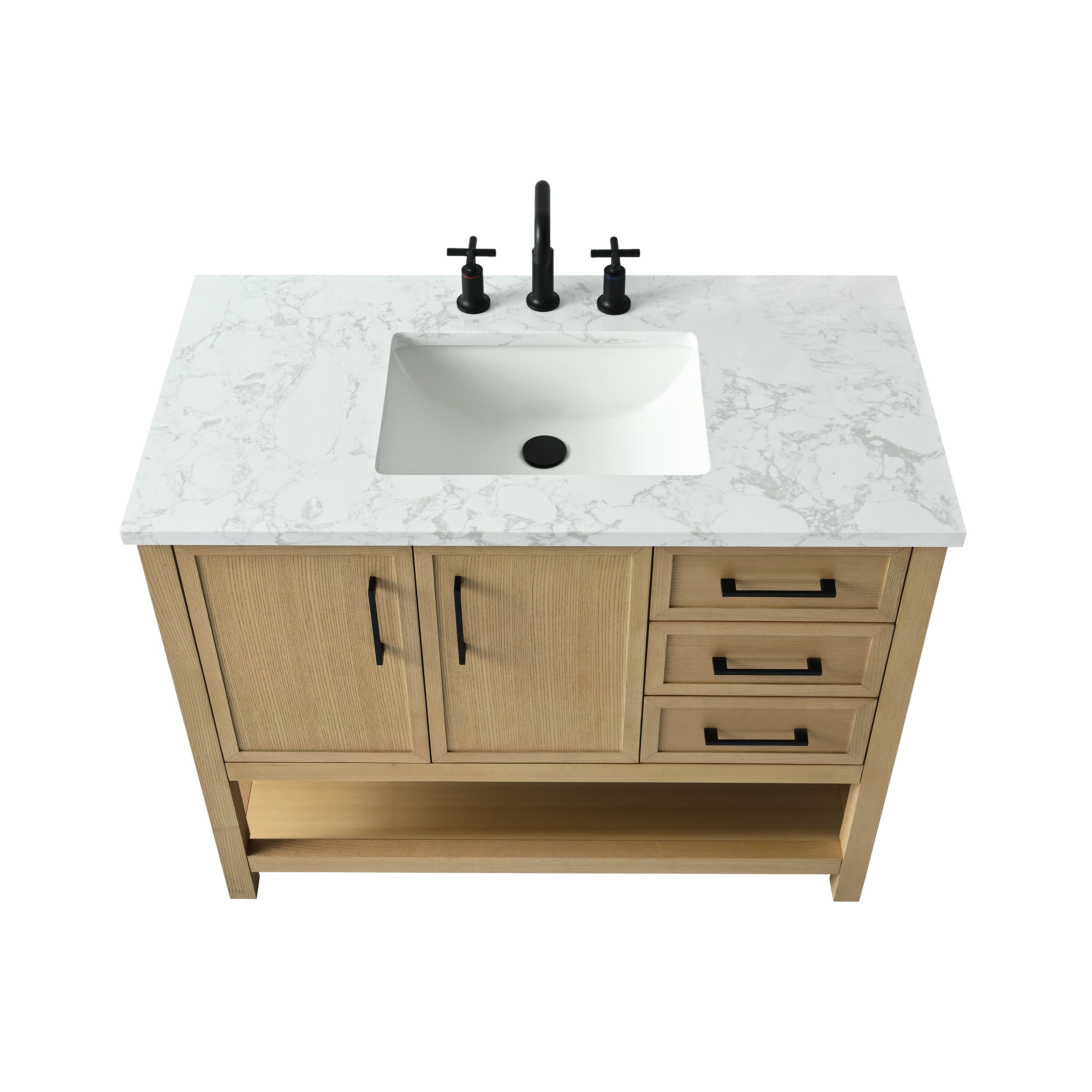 Top-down view of a 42-inch solid wood bathroom vanity in light oak with a white stone (marble-look) countertop, integrated rectangular ceramic sink, matte black faucet and hardware, three right drawers, two cabinet doors and open bottom shelf.