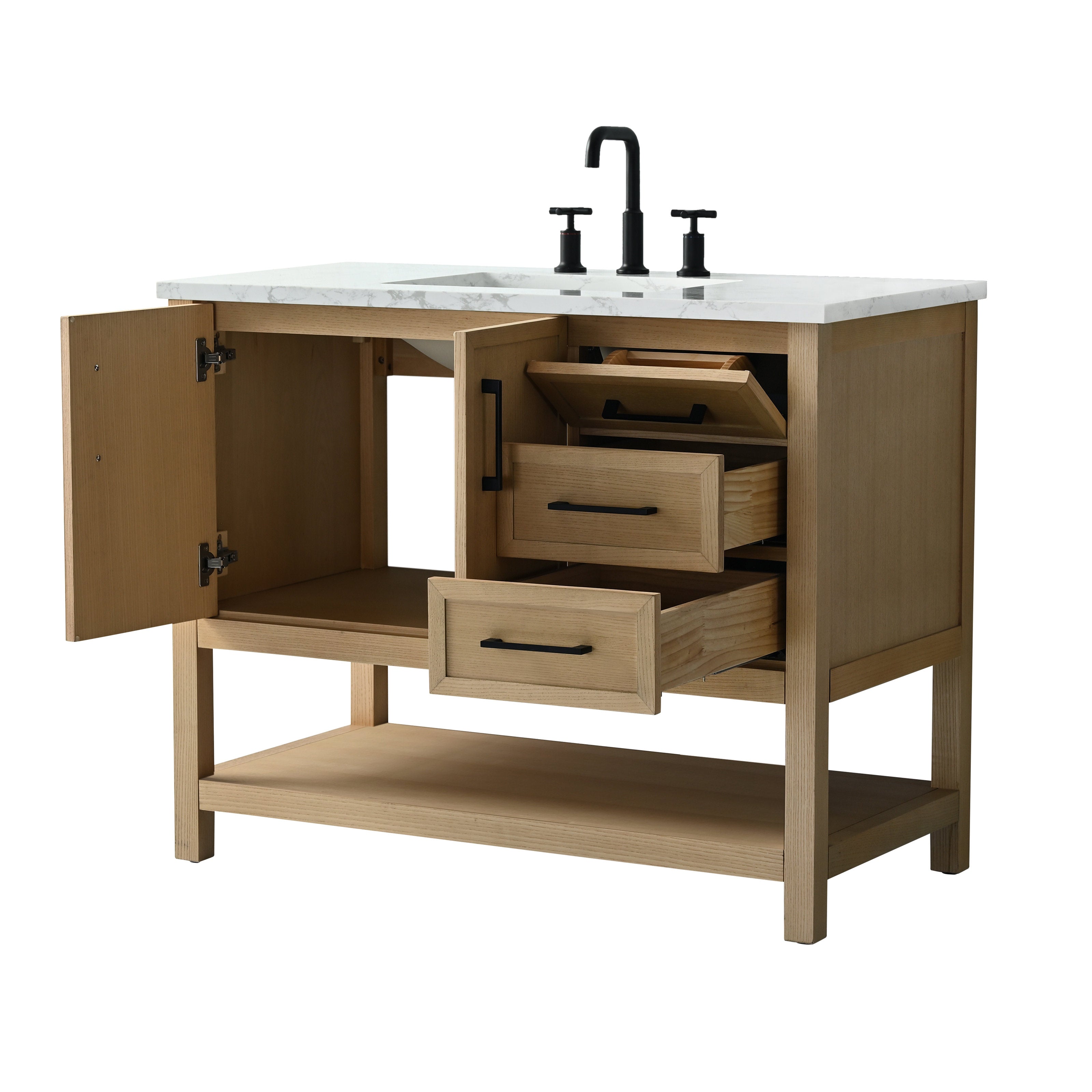 Freestanding 42-inch single-sink bathroom vanity in light solid wood with a stone marble top, matte black faucet and hardware, open cabinet, two drawers with a tilt-out bin, and a lower storage shelf.