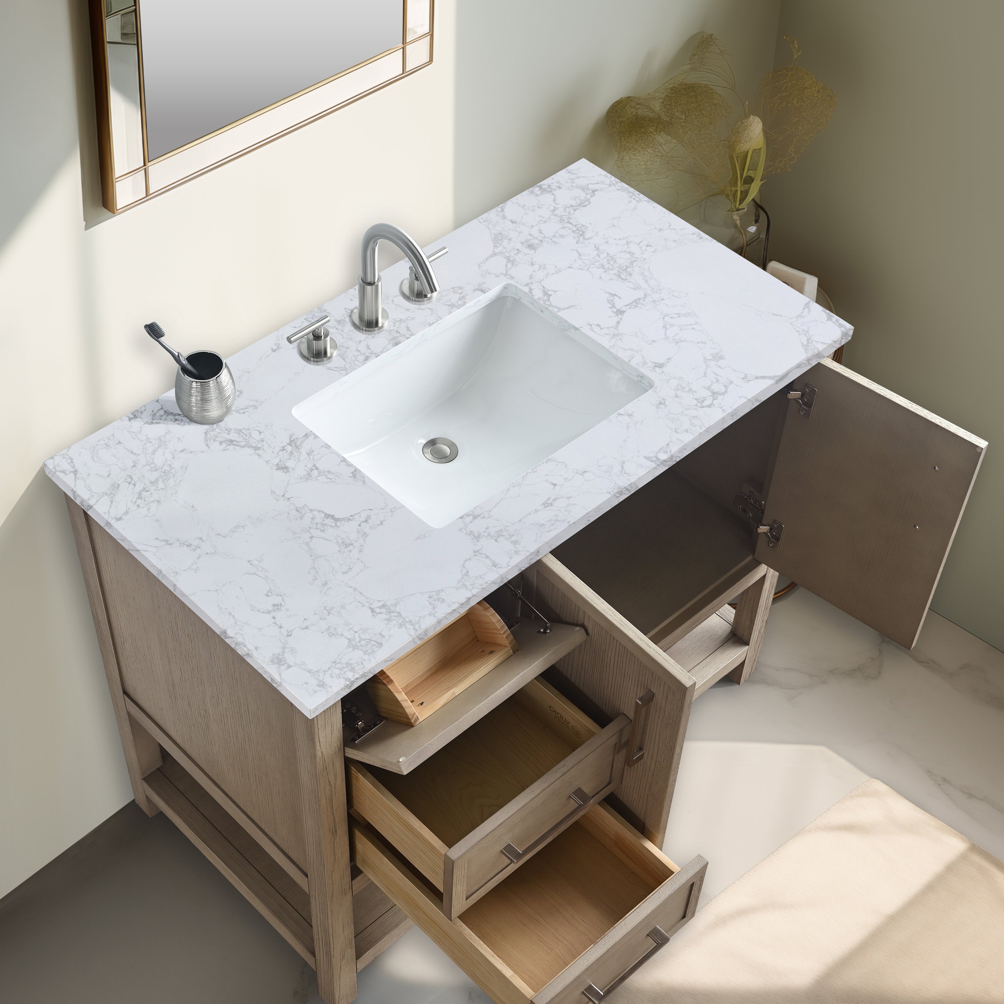 Top-down view of a modern solid wood bathroom vanity with a white stone (marble-look) countertop, rectangular undermount ceramic sink, chrome faucet and open drawers showing natural wood interiors.