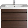 Front view of a modern wall-mounted solid wood bathroom vanity with dark wood grain finish, integrated white ceramic single sink, chrome single-handle faucet, and two horizontal recessed drawers.