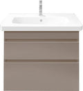 Front view of a modern wall-mounted bathroom vanity in stone-colored solid wood with a white integrated ceramic sink and single center faucet hole, featuring two drawers with slim horizontal grooves.
