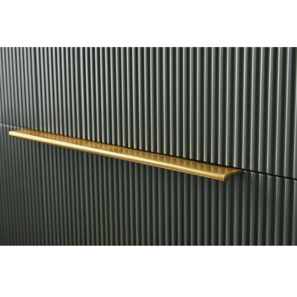 Close-up of a stone-colored fluted vanity drawer front with a long brushed-brass bar handle mounted horizontally, highlighting the modern ribbed texture and slim metallic pull.