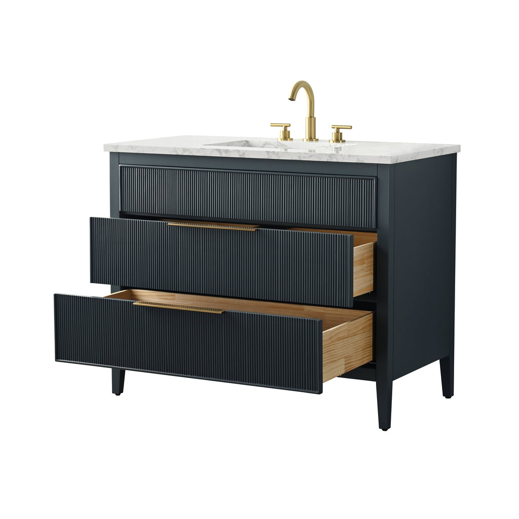 Modern 42-inch solid wood bathroom vanity with a white stone top and integrated single ceramic sink, dark ribbed drawer fronts, gold-finish faucet and pulls, and two open wood-lined drawers.