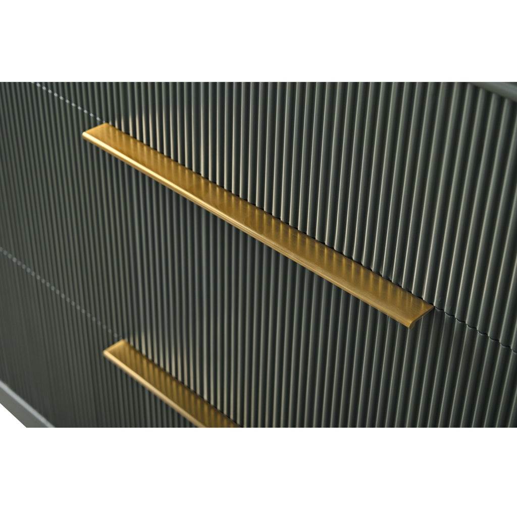 Close-up of a stone-colored solid wood vanity drawer with vertical fluted grooves and two slim brushed-gold handles, highlighting modern contemporary hardware and textured detailing.