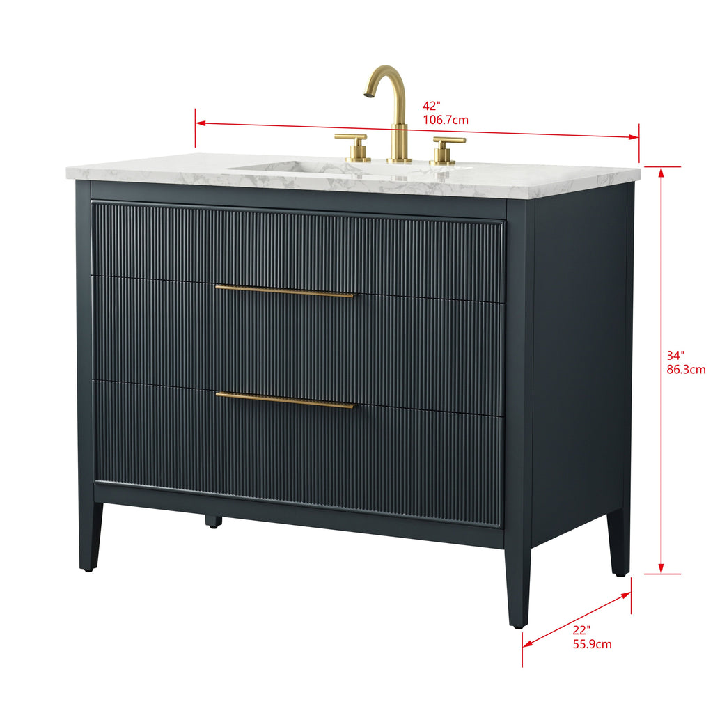 Modern 42-inch freestanding single-sink bathroom vanity in stone-colored solid wood with vertical ribbed drawer fronts, marble-look stone top with undermount ceramic sink, and brushed gold faucet and bar handles.